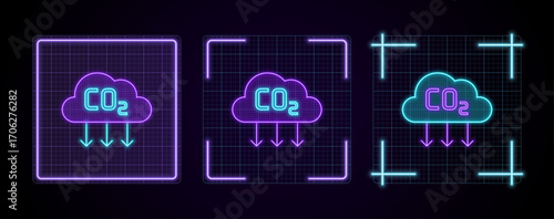 Reduce CO2 icon illustration, cyber neon visual, glowing border grid vector.	