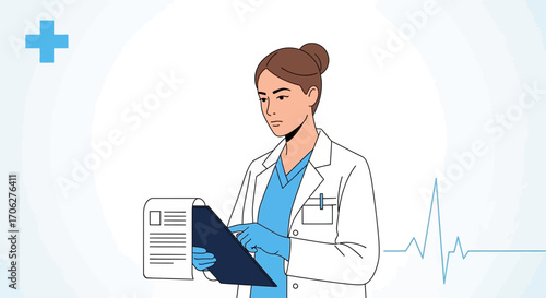 Medical Professional Reviewing Documents With A Steady Heart Line Against A White Backdrop