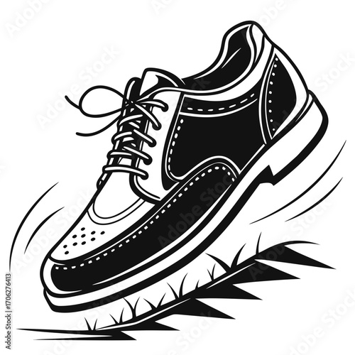 A stylish black and white illustration of a wingtip brogue shoe in motion stepping over sharp thorns and grass
