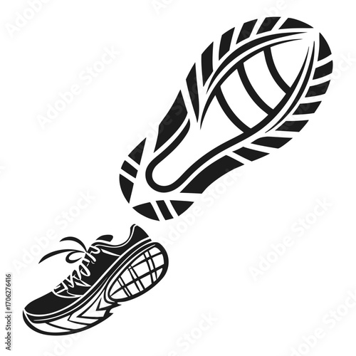 Dynamic black and white illustration of a running shoe and its corresponding sole imprint symbolizing movement and athletic activity
