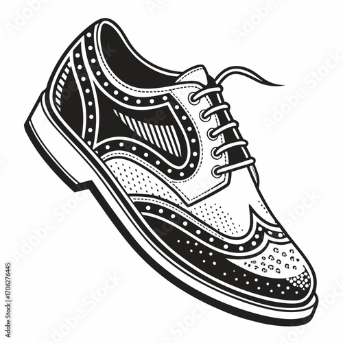 Detailed black and white illustration of a classic wingtip brogue shoe with intricate perforations and decorative stitching on a white background