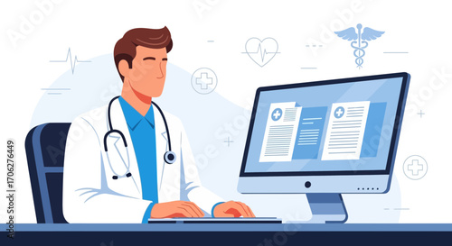 Medical Professional Reviews Data On Screen, Modern Healthcare and Technological Integration