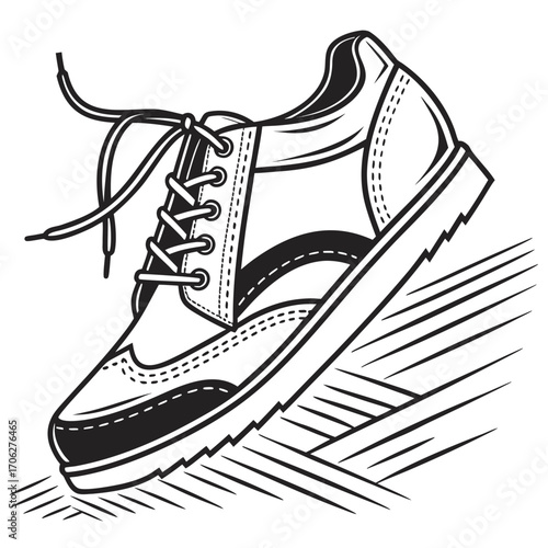 Stylized black and white line art illustration of a single wingtip brogue shoe with laces tied and a textured sole resting on abstract lines