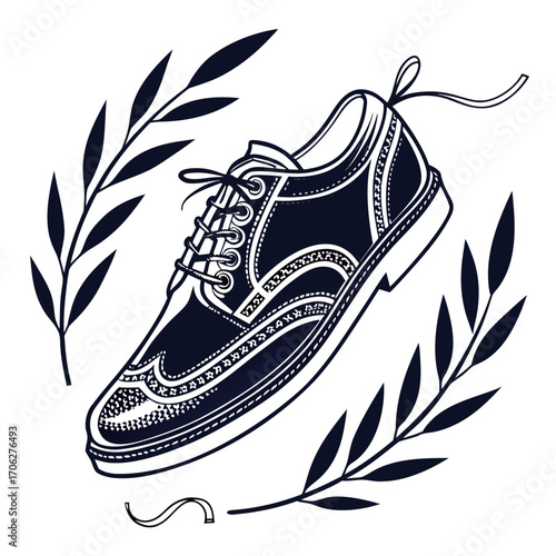 Elegant dark blue classic wingtip brogue shoe with delicate leaf branches and ribbon accent a stylish symbol of formal menswear and sophisticated fashion