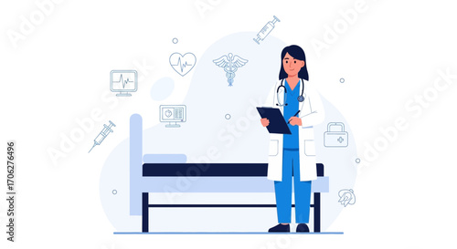 Medical Professional Standing In A Hospital Room With Relevant Healthcare Equipment Displayed