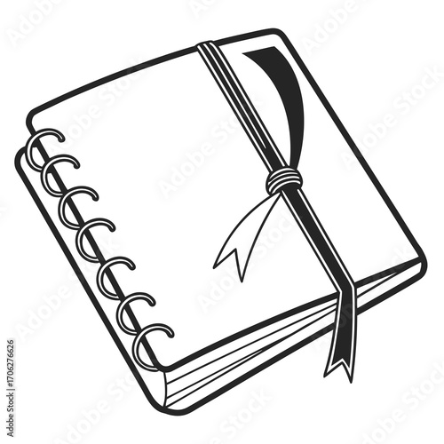A clean black and white line art illustration of a spiral bound notebook or journal with a ribbon bookmark tied around it