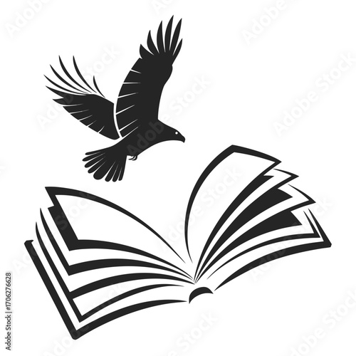 Symbolic illustration of a soaring eagle emerging from an open book representing knowledge freedom and the power of learning and imagination