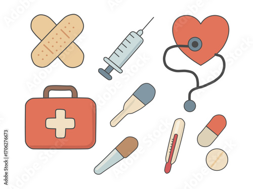 Set of 9 flat design medical icons. Includes bandage, syringe, stethoscope, heart, thermometer, first aid kit, pills, capsule, and medicine spoon. Healthcare and emergency symbols