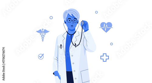 Medical Professional With Stethoscope Checking Patient's Health, Health Illustration