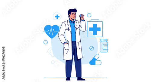 Medical Professional with Tools and Symbols Representing Health and Well-being