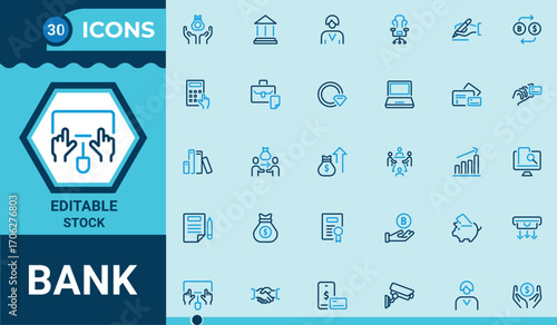 Finance and Banking minimalist line icon set.Editable stroke.Containing  money, cash,piggy bank, profit, saving and more. Vector illustration.