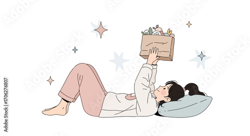 Person Relaxes And Admiring Contents From a Paper Bag During Leisure Time