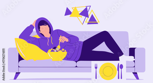 Person Relaxing And Dining With Meal On A Comfortable Couch In A Modern Interior