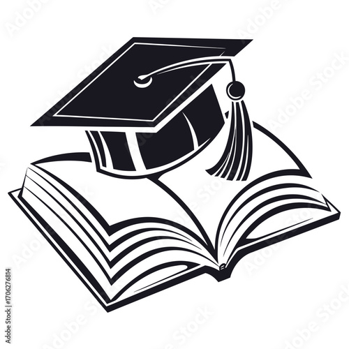 Stylized black and white illustration of an open book with a graduation cap and tassel resting on top symbolizing education and achievement