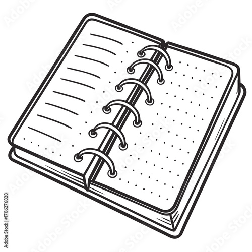 Open spiral bound notebook with lined and dotted pages hand drawn black and white illustration perfect for journaling or note taking designs