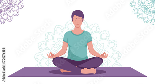 Meditating Mindful Human in Geometric Calm, Peaceful Illustration of Enlightenment