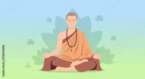 Meditating Monk In Lotus Position Depicted With Calmness and Inner Peace Visuals