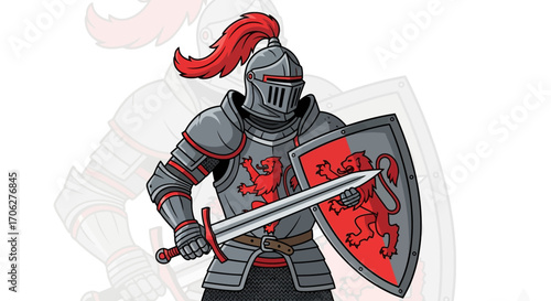 Medieval Knight with Sword and Shield in Detailed Armor, Vector Illustration, Isolated