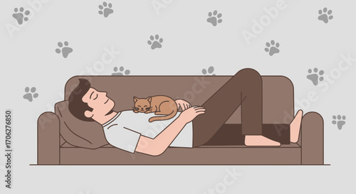 Person Relaxing On Sofa With Cat, Peaceful Scene, Pet Owner, Nap Time, Simple Illustration