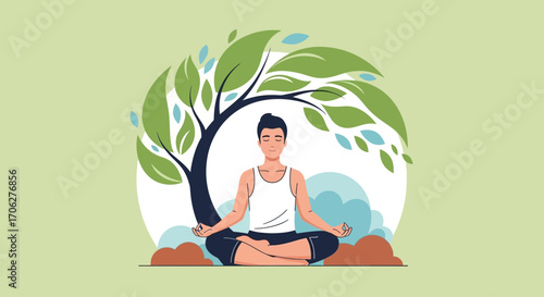 Meditating Under Tree: Serene Digital Illustration Depicting Focused Mindfulness Practice