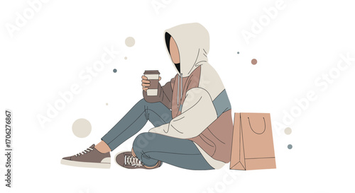 Person Relaxing Outdoors Drinking Coffee With Stylish Clothing And Bag In Peaceful Scene