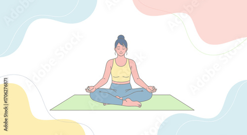 Meditating Woman in Lotus Position, Tranquility and Serenity, Inner Peace, Graphic Illustration