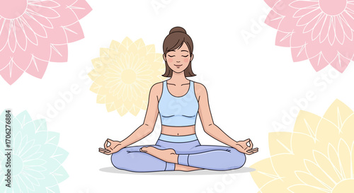 Meditation Session Depicting Serenity and Mindfulness Surrounded by Floral Elements