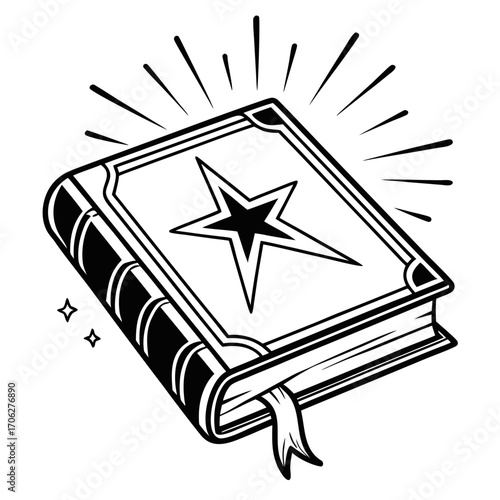 A magical open book with a shining star on its cover and radiating light beams symbolizing knowledge and enchantment