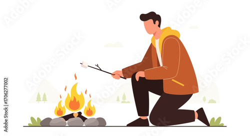 Person Roasting Marshmallow On Fire For Camping Activity, Simple Illustration Design