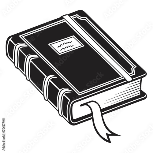 A classic black and white illustration of a closed hardcover book with a ribbon bookmark protruding from its pages symbolizing knowledge and learning