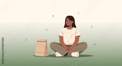 Person Seated in Meditative Posture Near Lunchbag, Contemplative and Peaceful Scene Captured