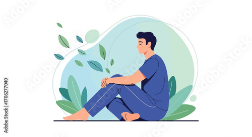 Meditative Posture: Serene Male in Deep Contemplation, Surrounded By Nature's Elements