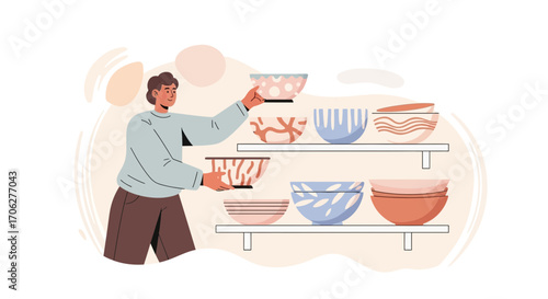 Person Selecting Ceramic Bowls From Shelves For Home Decor or Cooking Enthusiast