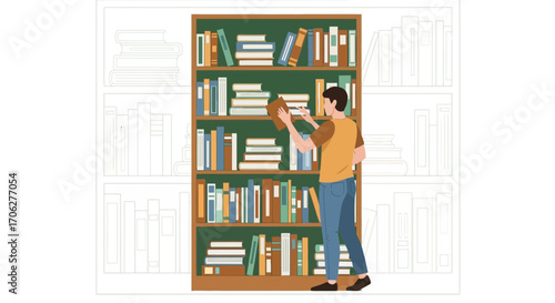 Person Searching For Book In A Library With Diverse Book Volumes Arranged Nicely