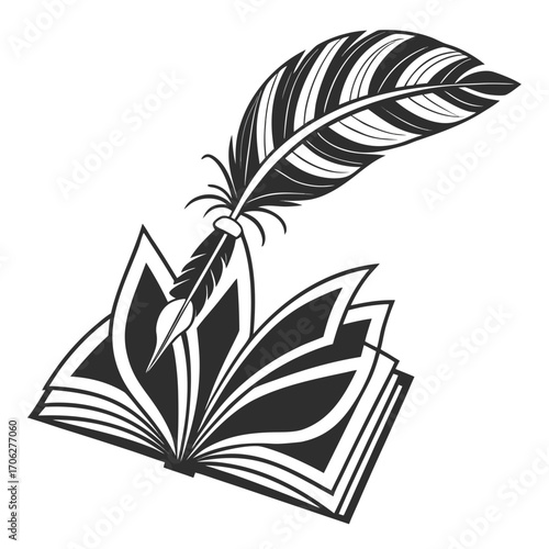Stylized black and white illustration of an open book with pages fanning out and a quill pen poised above symbolizing knowledge and creativity