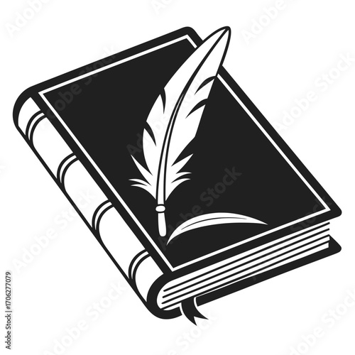 A classic open book with a quill pen resting on its cover symbolizing literature writing education and storytelling in a simple black and white graphic illustration