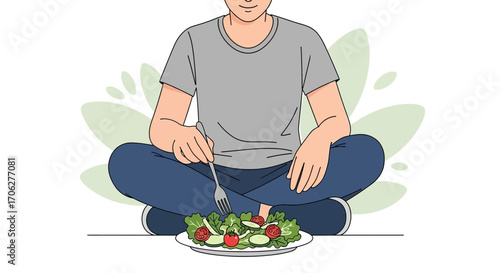 Person Sitting Cross Legged Eating Fresh Salad: Healthy Lifestyle And Wellness Concept