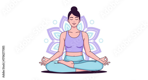 Meditative Woman in Yoga Pose with Floral Background for Wellbeing Concept