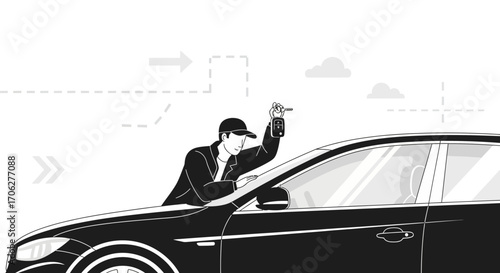 Person Shows Car Key And Opens Door Of Car, Conceptual Illustration On White