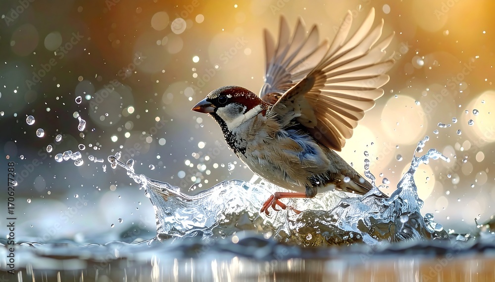Obraz premium Sparrow in mid-flight splash