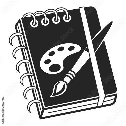 A black and white illustration of an open sketchbook with a paint palette and brush resting on its pages symbolizing creativity and artistic expression