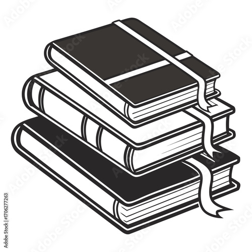 A stack of three open books with black covers and white pages each featuring a ribbon bookmark presented in a clean graphic style