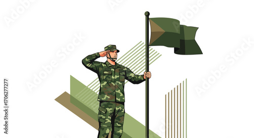 Military Soldier Saluting Flag Illustration Capturing Patriotism and National Pride Concept