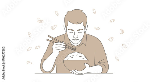 Person Using Chopsticks to Eat Rice from a Bowl, Isolated on White Background