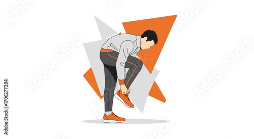 Person Tying Shoe, Sport Outfit, Minimalist Design Against Geometric Background