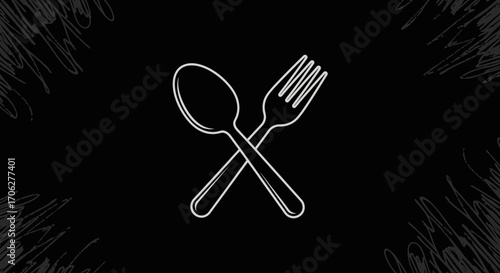 Minimalist Vector Illustration Featuring a Spoon and Fork Crossed on A Black Background