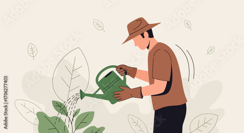 Person Watering Plants Outdoors, Gardening in the Garden with Leaves and a Simple Style