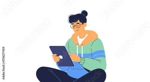 Person Wearing Glasses Using a Tablet, Sitting Casual and Focused on a White Background
