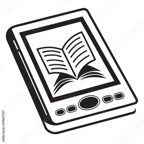 Stylized black and white illustration of an open book displayed on the screen of a digital e reader device with buttons below