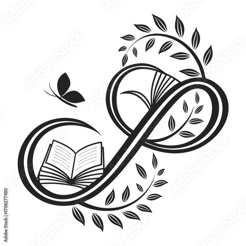 Elegant black and white illustration of an open book with a butterfly and flourishing branches symbolizing knowledge growth and freedom